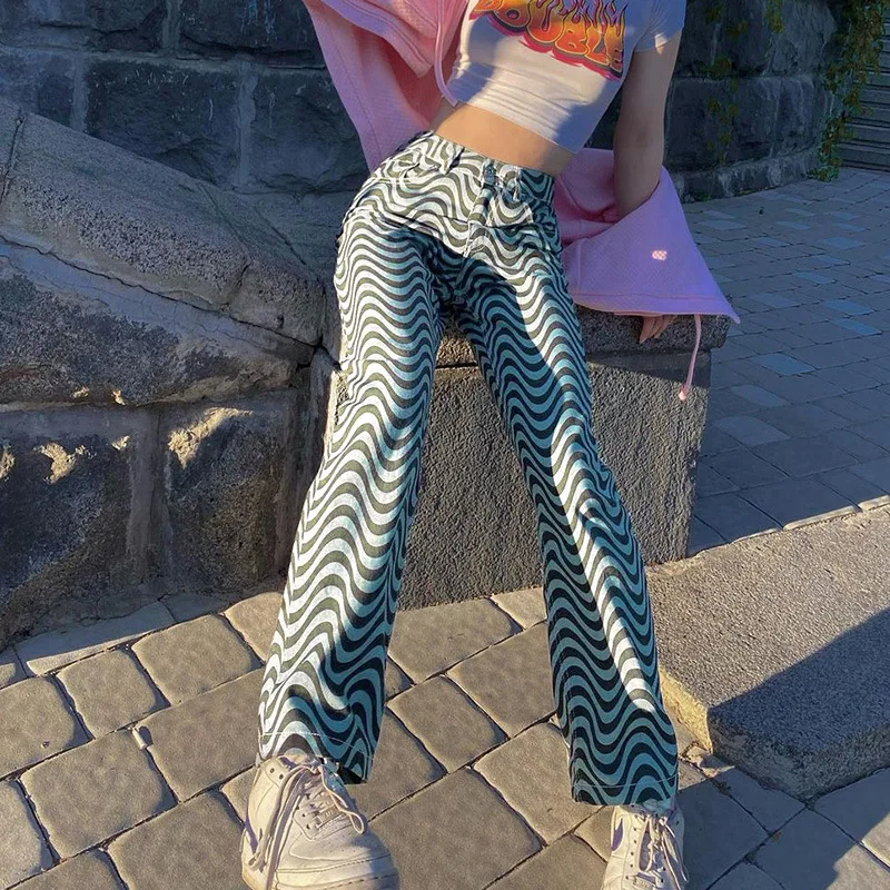 

Women's 2021 Fall New Straight Pants Wave Pattern Casual High Waist Pants Street Style Trend Women's Pants Simple Casual Pants