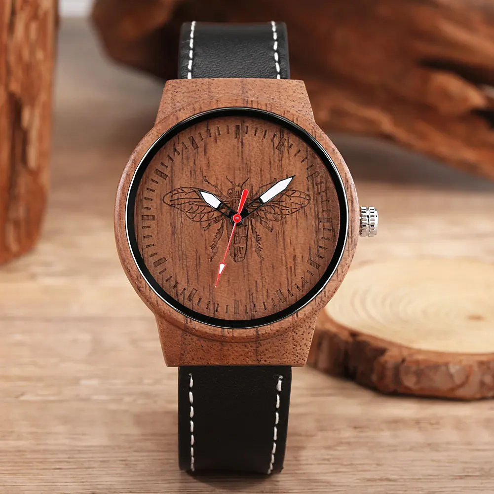 

Vintage Bee/Elk/Skull/Roman Numerals Engraved Dial Walnut Wood Watch for Men Women Genuine Leather Watch Band Quartz Wristwatch