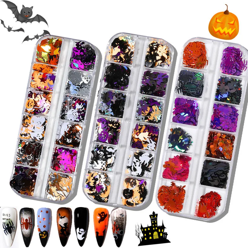 12 cells/box Glitter Mix Bat Pumpkin Witch Ghost Skull Sequins for DIY Manual Nail Arts Clothing Decoration Christmas Makeup