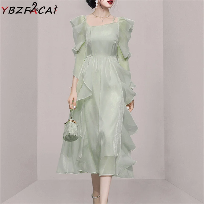 Korean Fashion Ruffle Sleeve White Dress 2022 Summer Women Elegant Square Neck Pearl Decorative Midi Green Chiffon Ruffle Dress