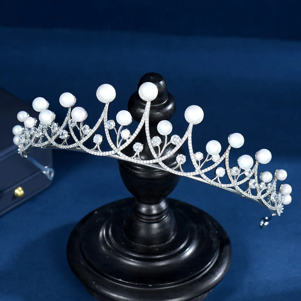 

Fashion Pearl Round Women Wedding Bridal Hair Accessories Fashion Party Gifts Cubic Zirconia Tiara and Crown Corona Prince C-99