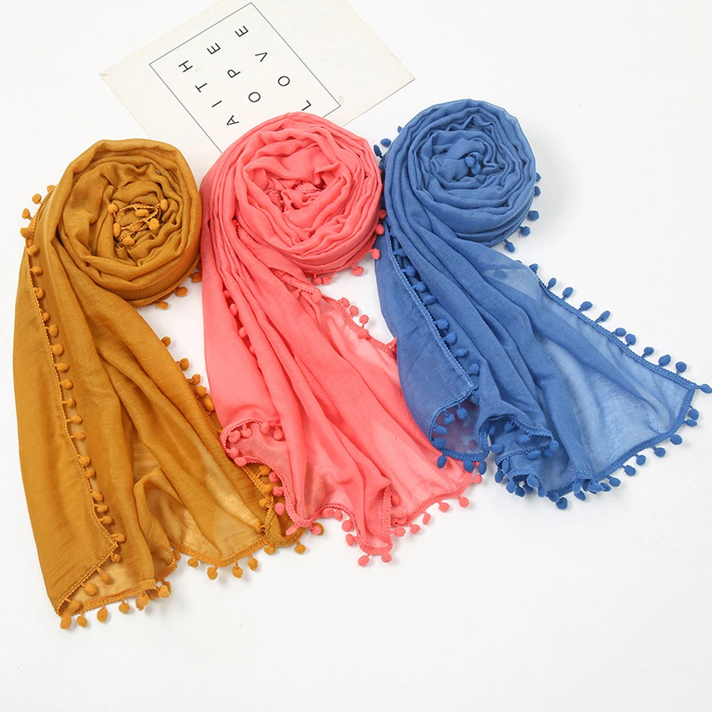 

11 Colors Women Cotton Linen Scarf Pom Balls Shawls Hijab Decoration Muslim Female Wrap Headband Hair Scarves Scarf 180X80cm