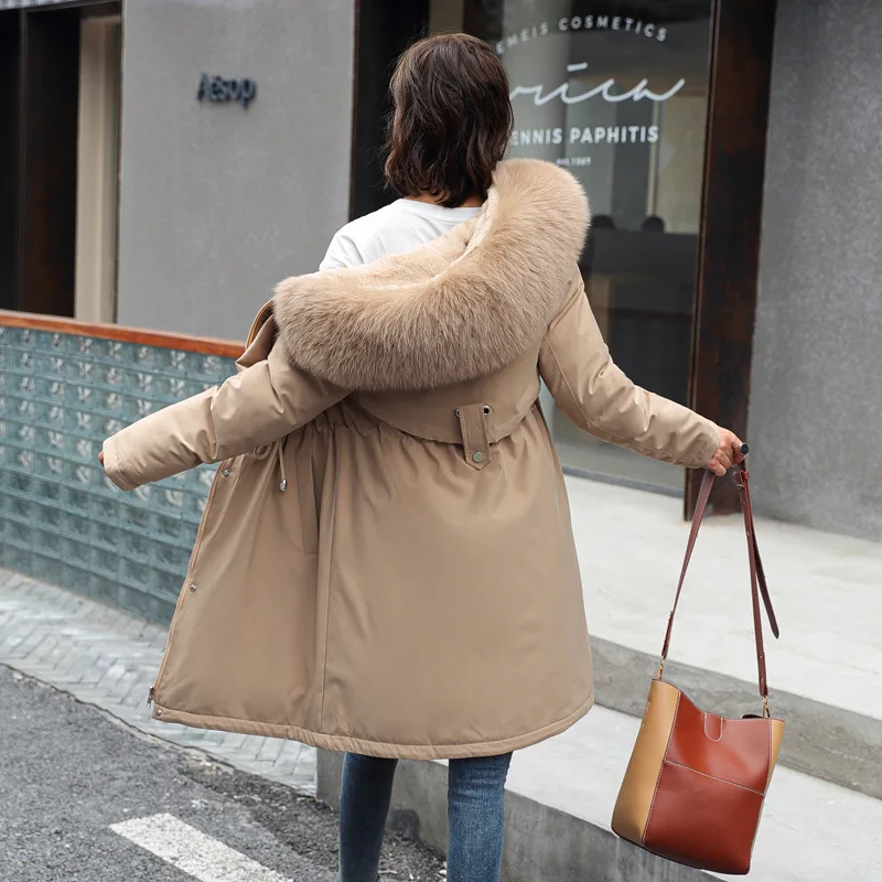 Winter European and American Style Thickened  Down Jacket Warm Long Section Big Fur Collar Plus Velvet Slim Down Jacket