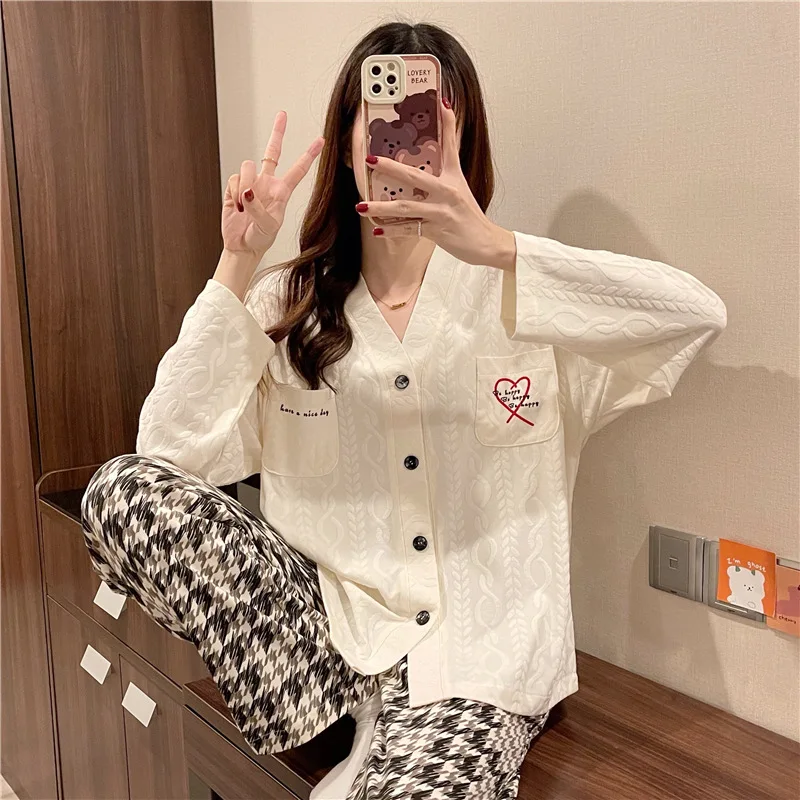 

Lady Spring Autumn New Leisure Cotton Suit Women Elegant Long Sleeve Soft Comfortable Loungewear Nightclothes Loose Pajamas Set
