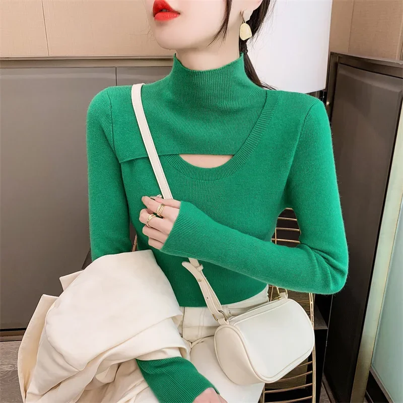 Модный облегающий вязаный пуловер с воротником-хомутом женский новый однотонный