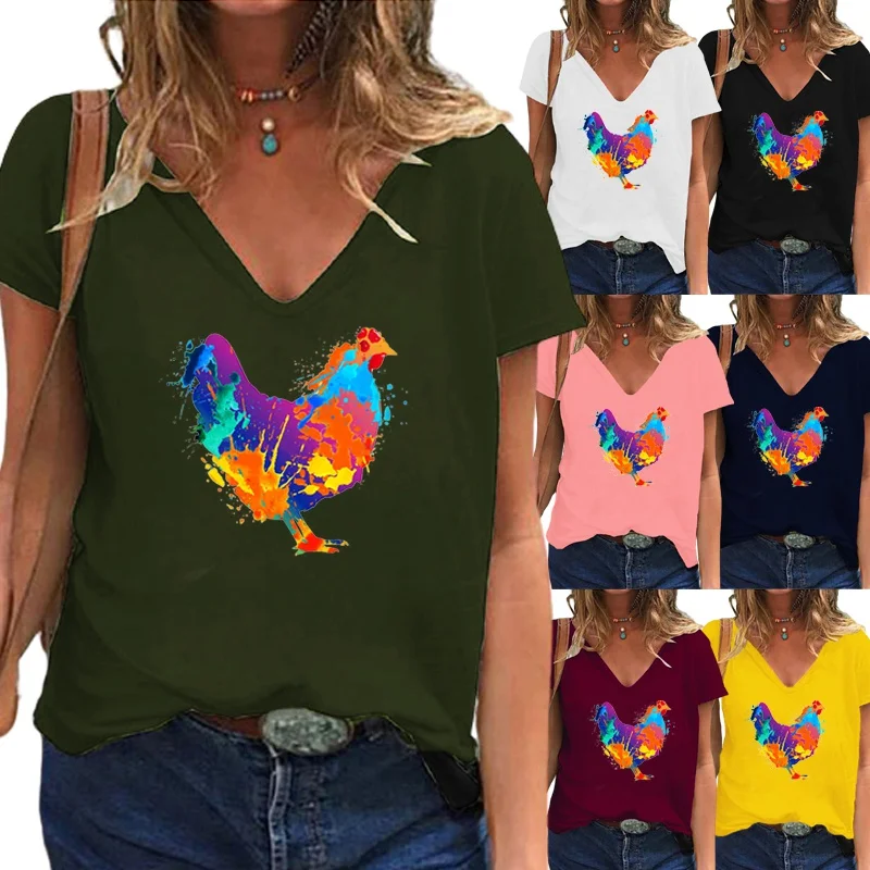 

New Women's Summer Fashion Multicolor Printing T-shirt Casual Short-sleeved V-neck T-shirt Loose Pullover Top