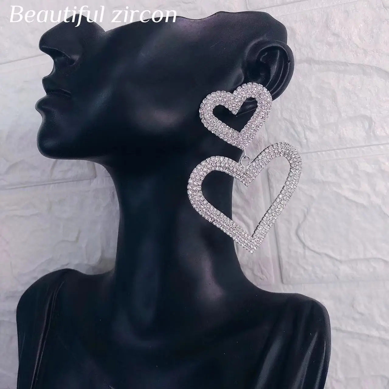 

Fashion shiny Rhinestone hollowed out double peach heart pendant earrings women's simple Crystal Jewelry Wedding Earrings gifts