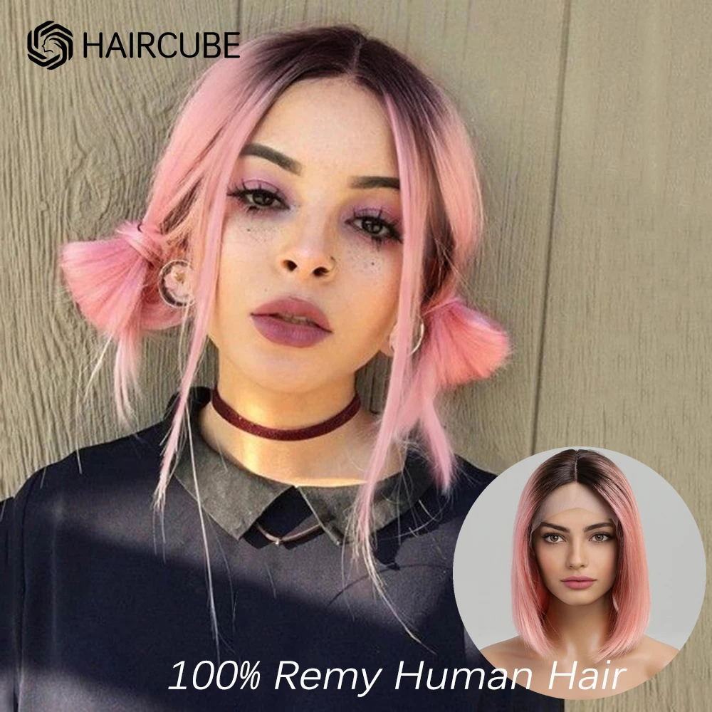 

HAIRCUBE Ombre Pink Bob Human Hair Wig 13×5×1Lace Front Wigs for Women 12inch Shoulder Length Straight Middle Part Remy Hair Wig