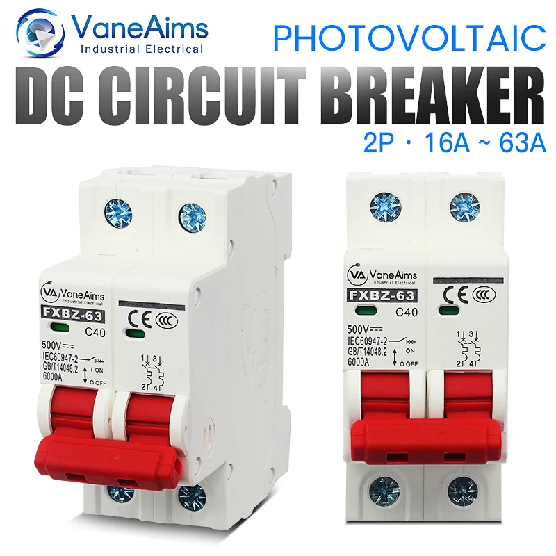 Мини-выключатель цепи, 2P, 500 В постоянного тока, с защитой от перегрузки, 6a, 10A, 16a, 20A, 25A, 32A, 40A, 50A, 63a, MCB, контроллер солнечной панели