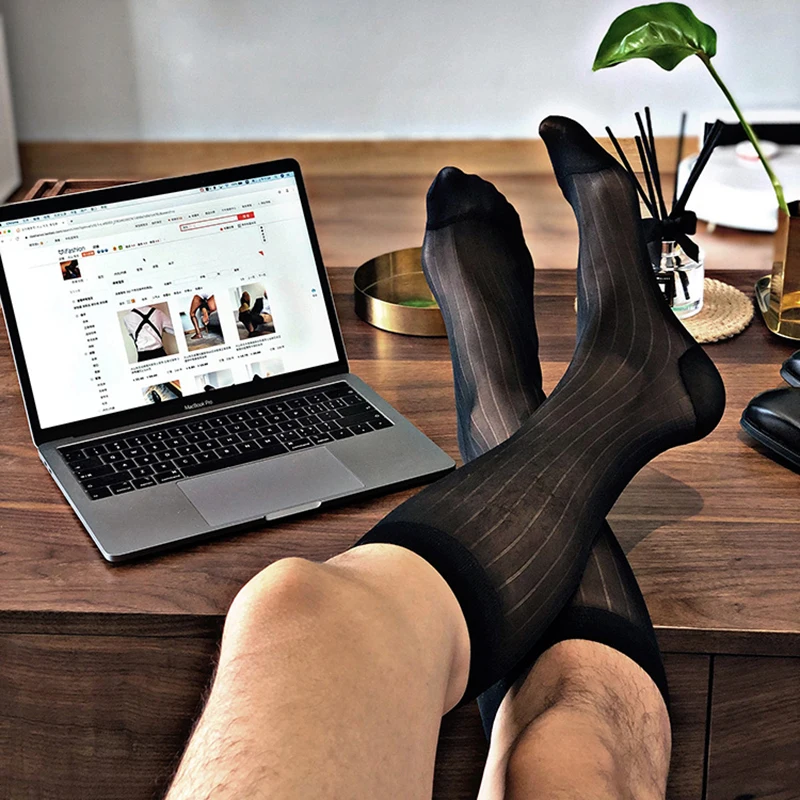 Business Man Fashion Style Socks Reinforced Toes And Heels Calf Socks Male Sex Power Mascular Vigor Man Strips Mesh Nylons
