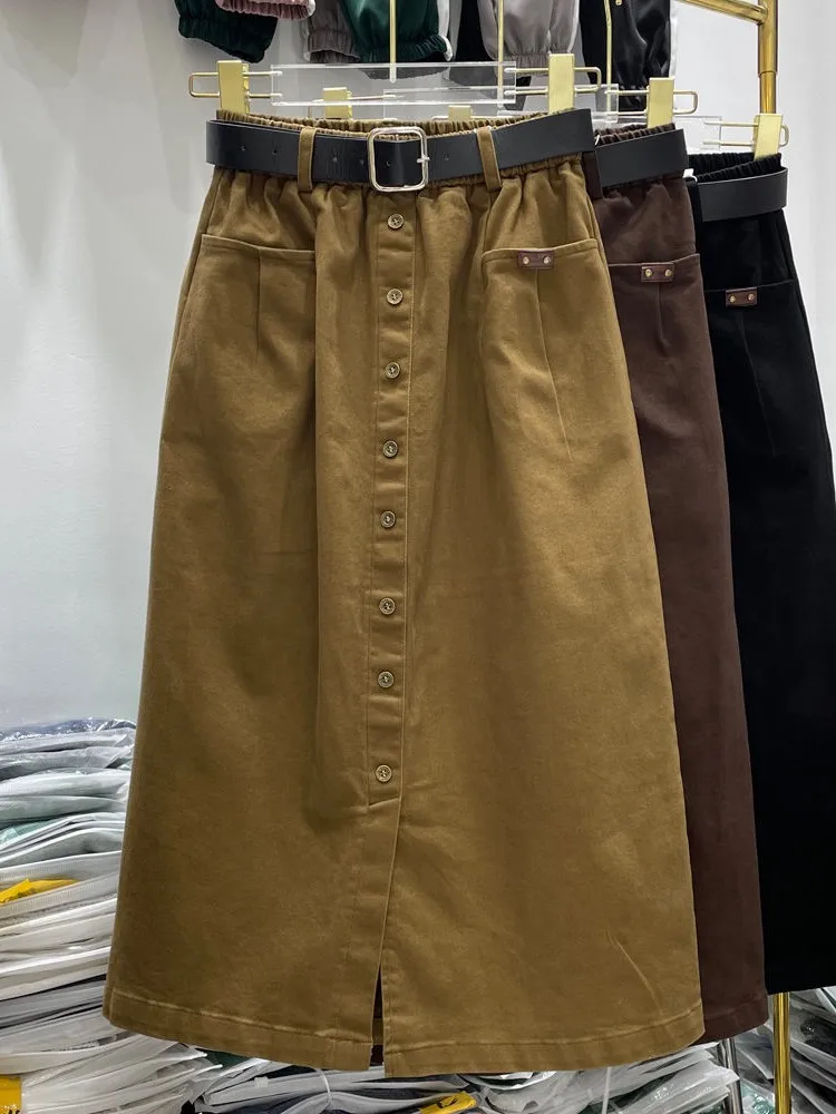 

100% Cotton Women Casual Skirts New Arrival 2022 Autumn Vintage Style Single-breasted All-match Female A-line Skirt D512