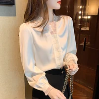 new long sleeve shirt womens fashion button up satin silk shirt vintage blouse women lady female loose chiffon top 238c
