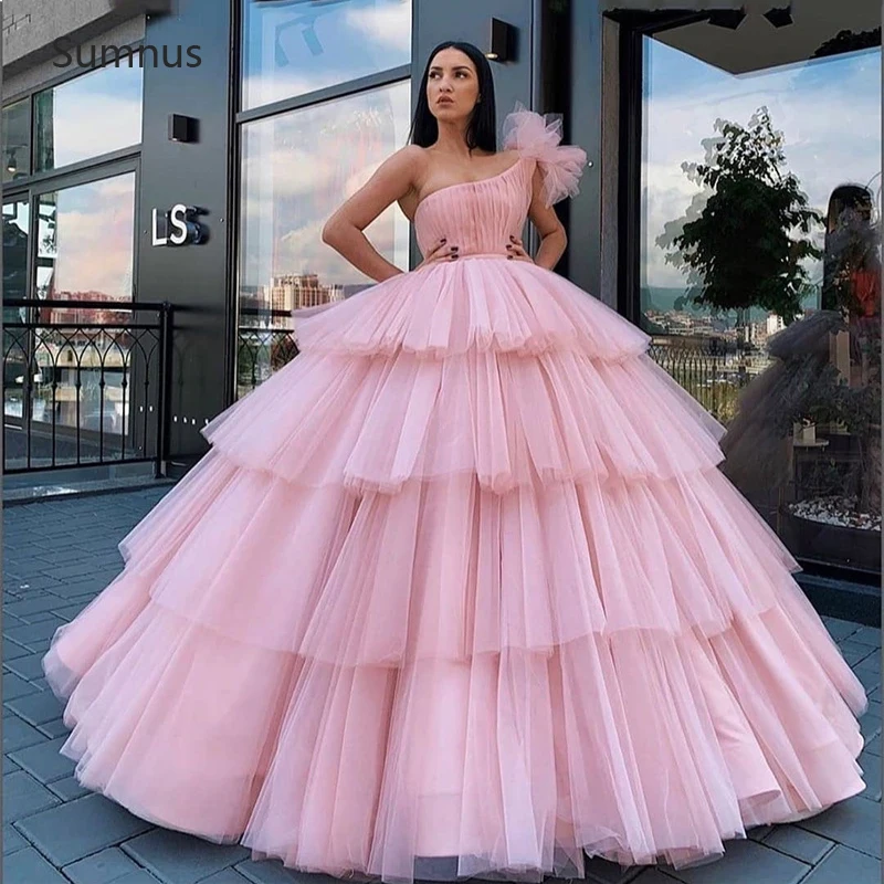Sumnus Pink Ball Gown Tulle Quinceanera Dresses Masquerad Princess Strapless Tiered Sleeveless Vestidos De 15 Años Robes De Soir