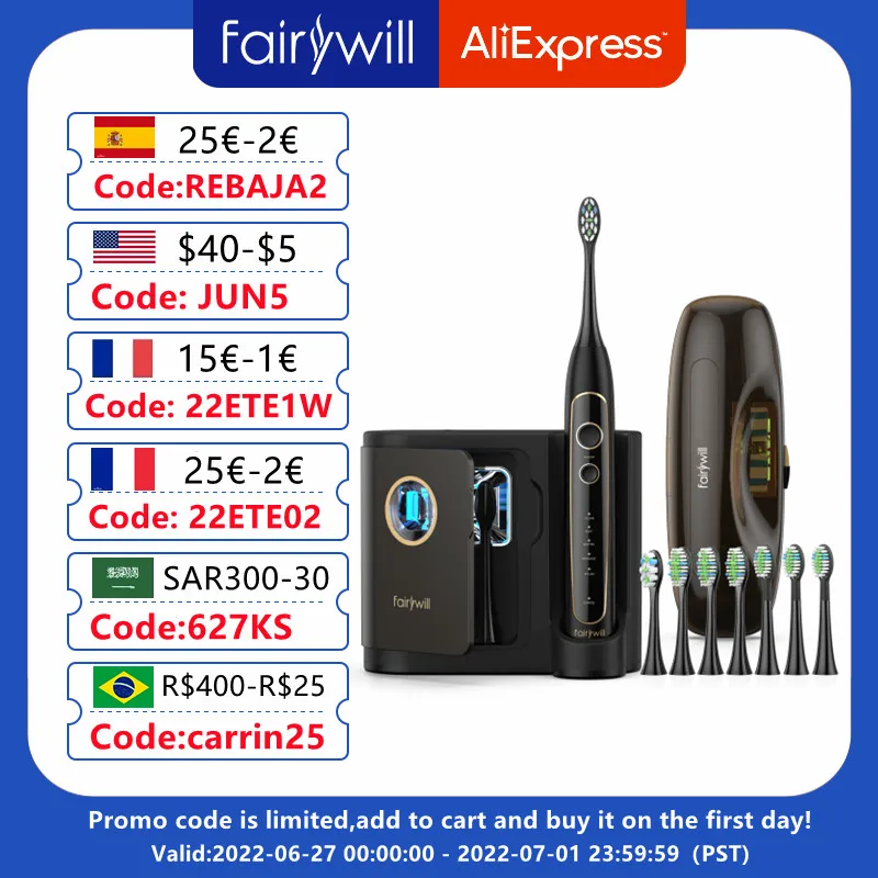 

Fairywill Electric Toothbrush Ultra-Sonic Power Whitening Toothbrush with 5 Modes Wireless Charging Smart Timer 8 Brush Heads