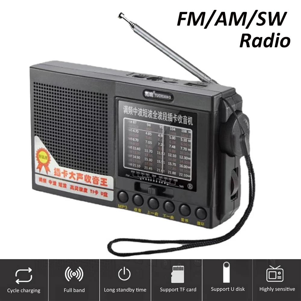 

Portable Full Band Radio FM/AM/SW Radio Receiver Mini Speaker MP3 Music Player for Elder Support TF Card/U Disk/Headphones Play