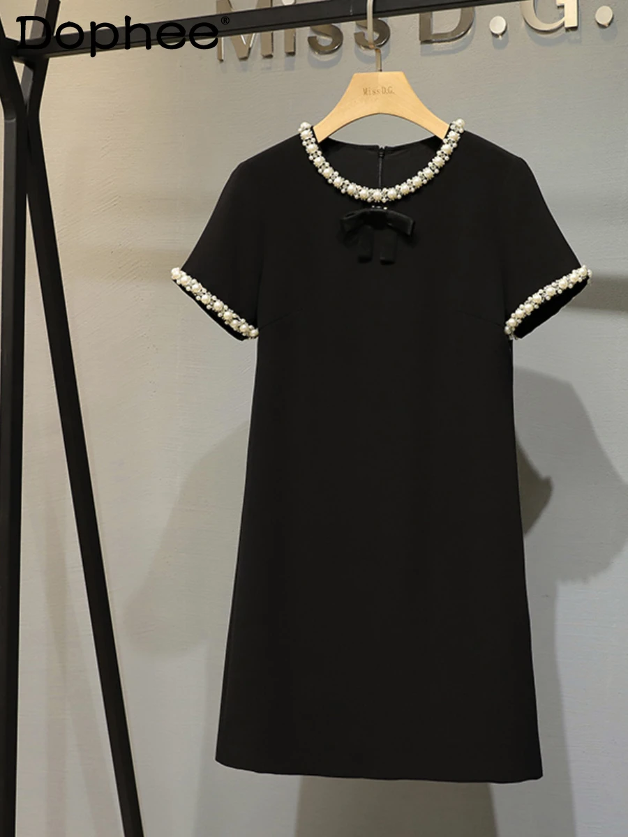 

Женское элегантное офисное платье, легкое роскошное ТРАПЕЦИЕВИДНОЕ короткое черное платье с коротким рукавом и бусинами, новая летняя одеж...
