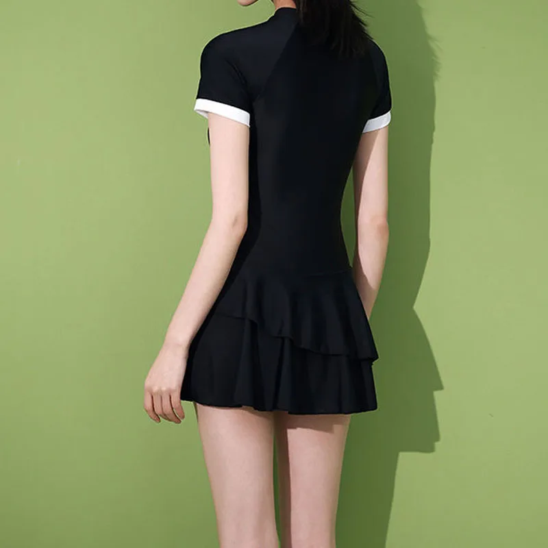 2023 Female Short Sleeve One-Piece Swimsuit Women Zipper Surfing Bodysuit Sexy Swimwear Sun Protection Bathing Swimming Suits