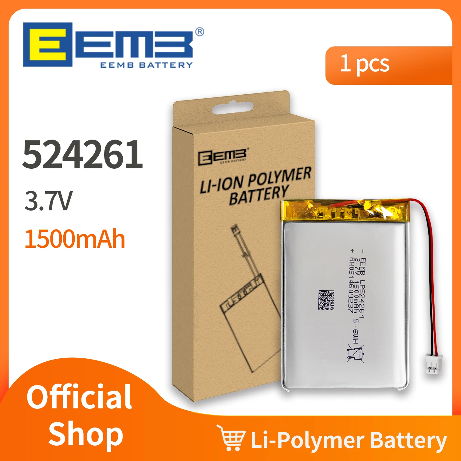 

EEMB 524261 3.7V Lipo Battery 1500mAh Rechargeable Lithium Polymer Battery for GPS Navigator MP5 Bluetooth Speaker Camera DVR