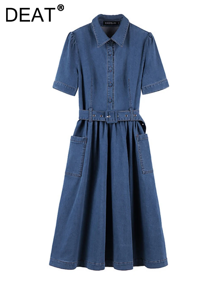 

Женское джинсовое платье с поясом DEAT, свободное однотонное длинное платье с коротким рукавом, высокой талией и большими карманами, лето 2023