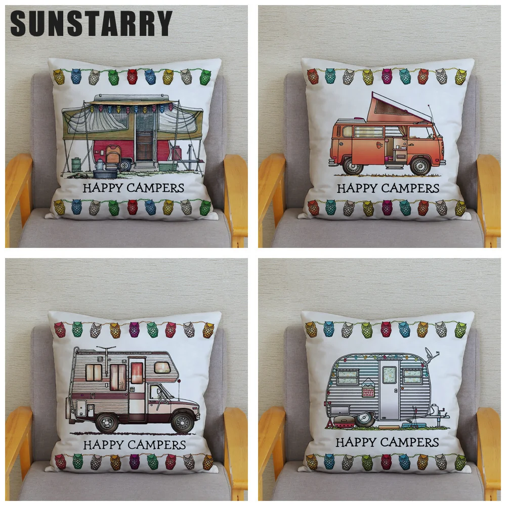 

Happy Campers Car Soft Short Plush Cushion Cover Print Pillow Covers 45*45cm Throw Pillow Case Sofa Home Decor Owl Pillowcase