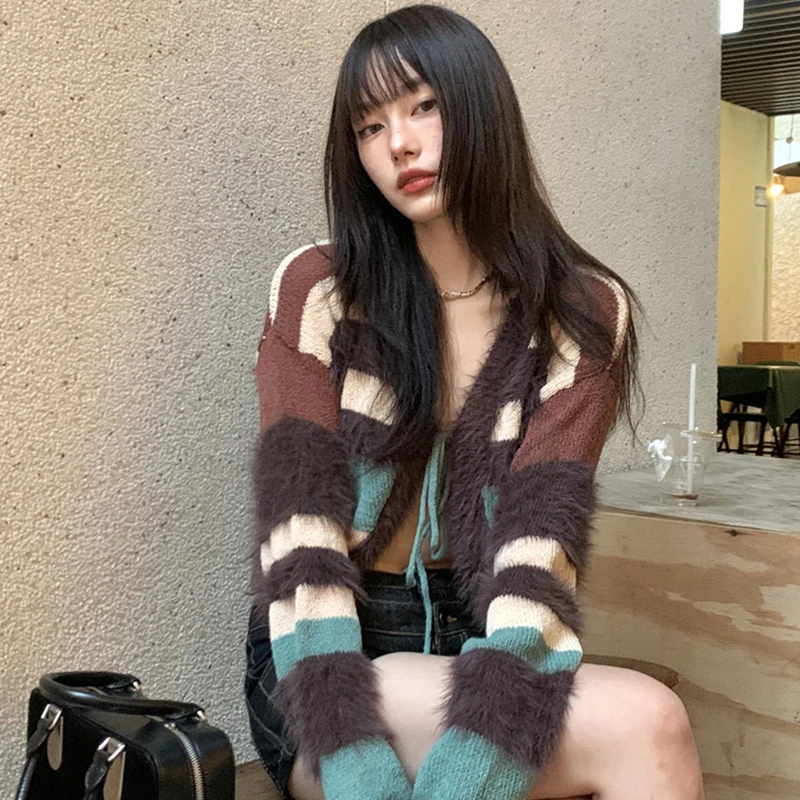 

Y2k Style Girl V Neck Lace-up Bow Long Sleeve Tassel Sweters Soft Sexy Knitted Tops Women Striped Cardigan Sweater 2023 Autumn