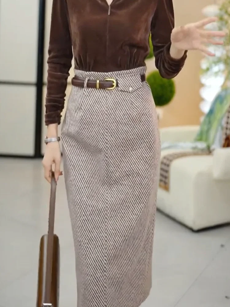 Plus Size Retro Elegant Socialite Sle Stripe Skirt Women's Autumn and Winter New High Waist Straight Slimming Woolen S...
