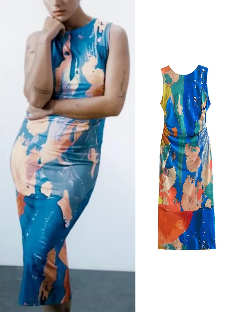 

Длинные платья с принтом для женщин, модель 2023 года, платье миди с рюшами, женские сексуальные платья с открытой спиной, летнее платье без рукавов для женщин