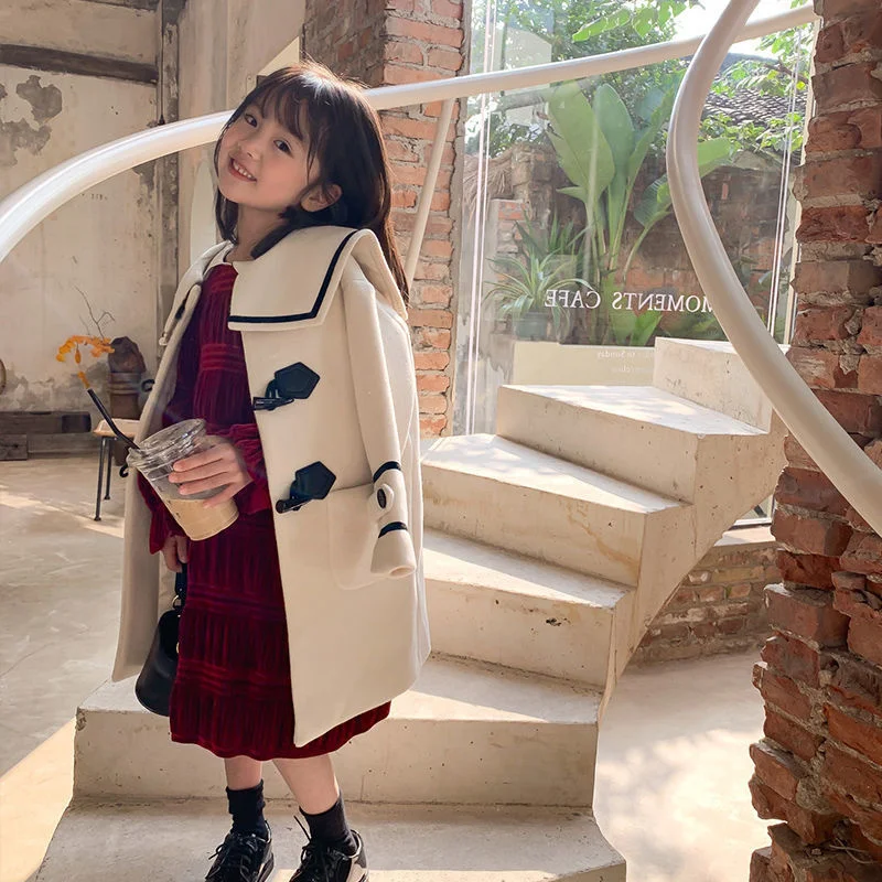 

Girls Woolen Coat Jacket Outwear 2022 Beige Warm Plus Thicken Spring Autumn Cotton Overcoat Teenager Tops School Children's Clot