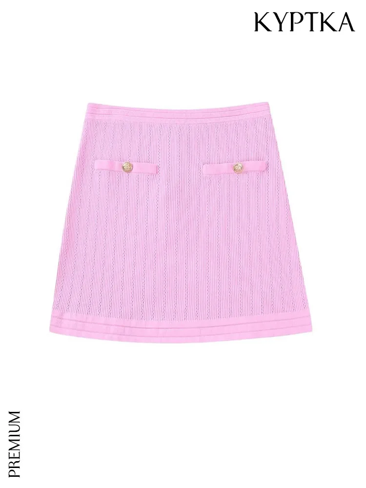 

KYPTKA Women Fashion With Gold Buttons Knit Mini Skirt Vintage High Elastic Waist Side Zipper Female Skirts Mujer