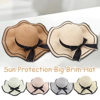 womens simple straw hat with bow decor foldable wide brim dome cap breathable for outdoor beach summer