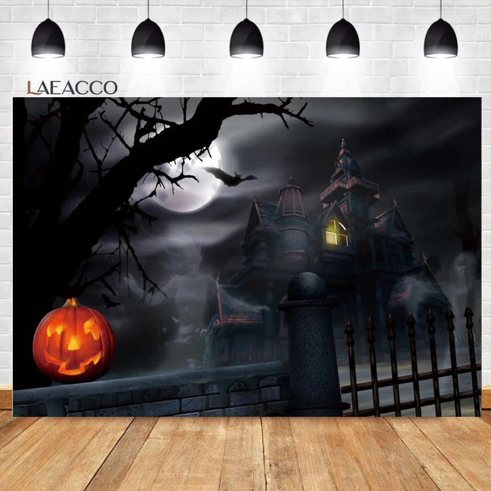 

Laeacco Haunted Castle Backdrop Night Scenery Halloween Pumpkin Full Moon Kids Child Birthday Portrait Photography Background
