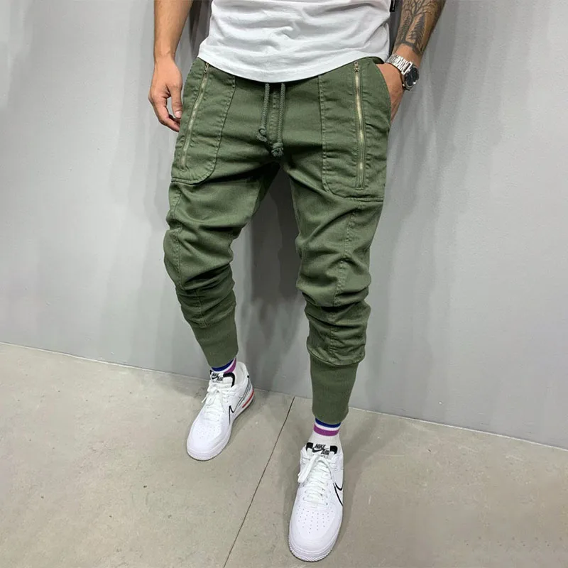 

2021 New Cargo Pants Men Green Fashion Casual Pencil Trousers Multi-Pocket Zipper Hip Hop Style Men Harem Pants Joggers