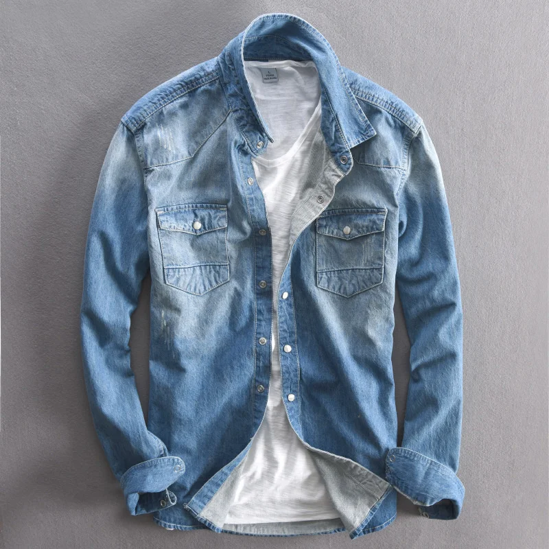 Джинсовая рубашка с длинным рукавом для мужчин простые классические