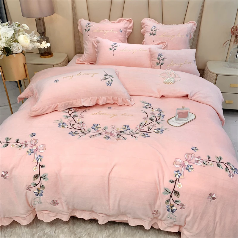 

Princess Garland Bow Embroidery Velvet Fleece Bedding Set Pink Plush Shaggy Warm Duvet Cover Quilt Cover Bed Linen Pillowcases