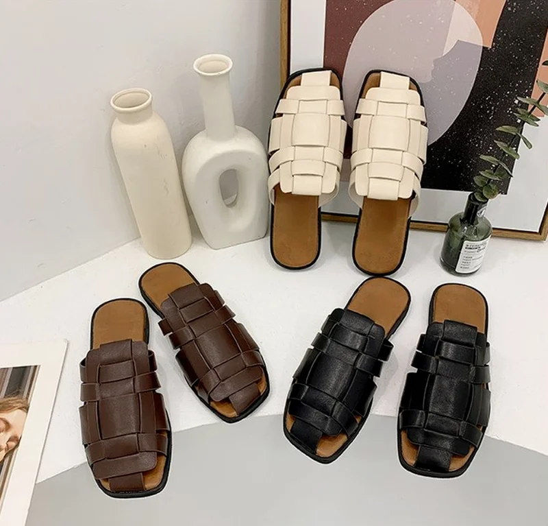

Summer Platform Sandals Baotou Weave Slippers Round Toe Female Flat Half Slippers Sandals Casual Outdoor Sandals Large Size35~43