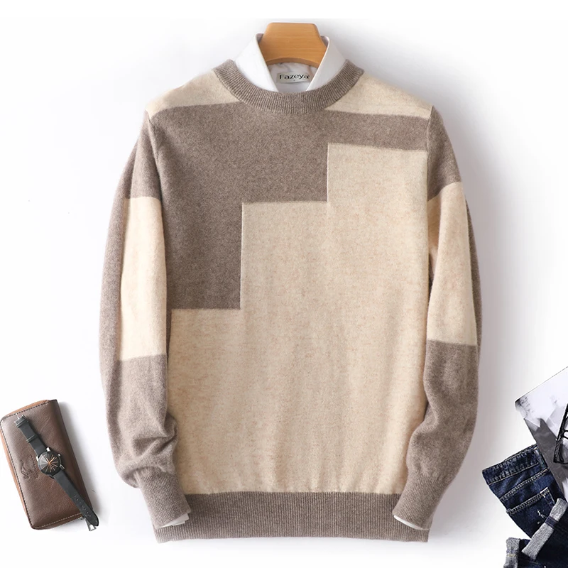 100%  Wool Sweater Men  Pullover Fashion Patchwork Vintage Top Autumn Winter Large Size Men's Cashmere Sweater