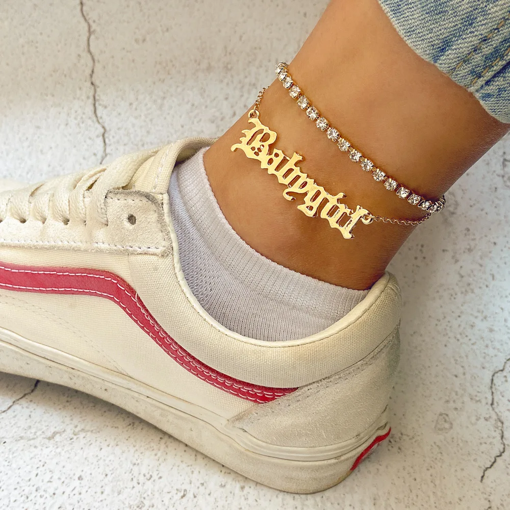 

Fashion Babaygirl Letters Zircon Double-deck Anklets Bracelet For Women Bling Crystal Tennis Chain Anklet Beach Sandals Jewelry