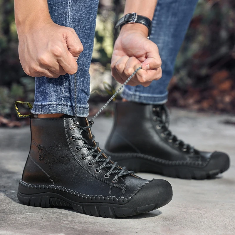 HIKEUP Outdoor Walking Boots High-top Mountain Hiking Men's Shoes Big Bag Head Outdoor Martin Boots Two Layers of Cowhide