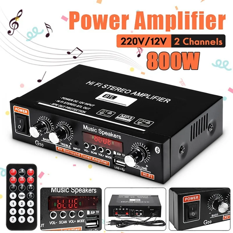 12 В/220 В 800 Вт 2-канальный автомобильный аудио Bluetooth стерео усилитель G30