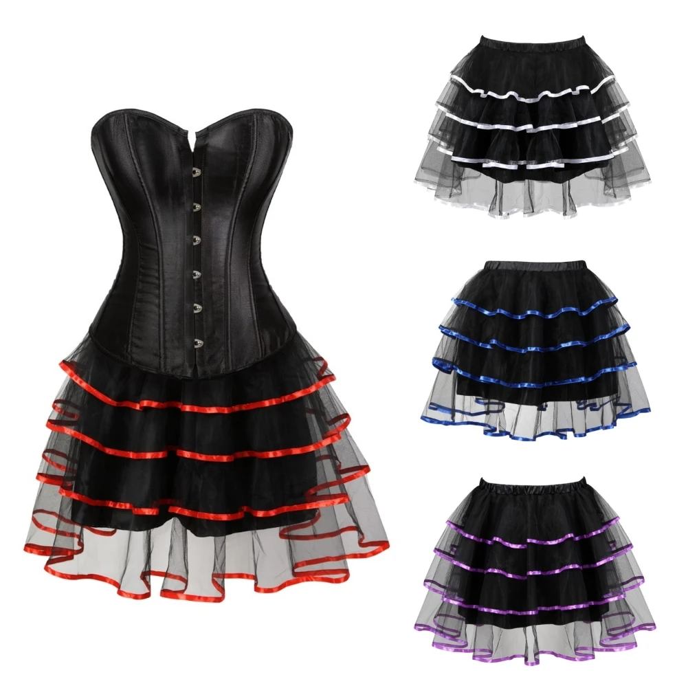

Готический корсет и юбка, мини-пачка, женское сексуальное бюстье, нижнее белье, Атласный топ, винтажный корсет, платье, юбка, платья