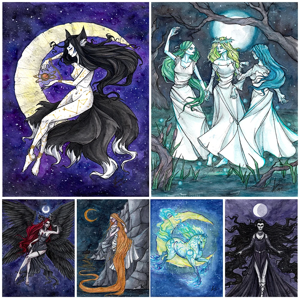 

Witch Sisters Dancing Under The Full Moon Watercolor Poster Print Moonlight Spirit And Moon Wicca Wall Art Canvas Painting Decor