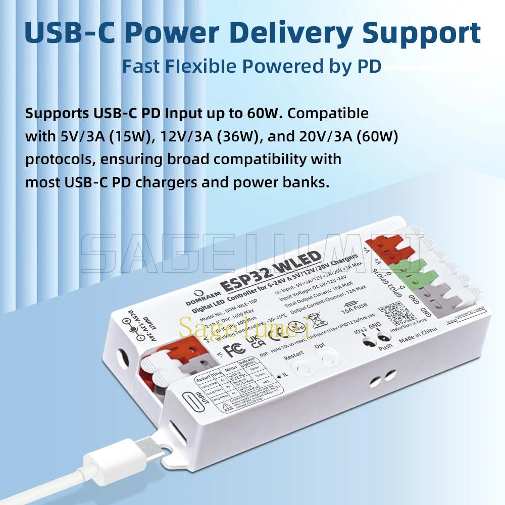 Фото Вход DC5-24 В, ESP32 PD Power Быстрая настройка Контроллер DOMRAEM WLED с микрофоном Двойной предохранитель 16 А для WS2811 WS2812B WS2805 SK6812 APA102 №2