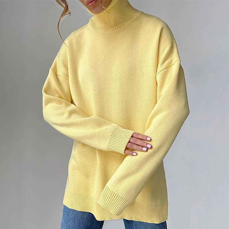 

Winter Women's Turtlenecks Green Sweaters Classic Warm Knitted Pullovers Tops Side Slit Long Sweaters For Women