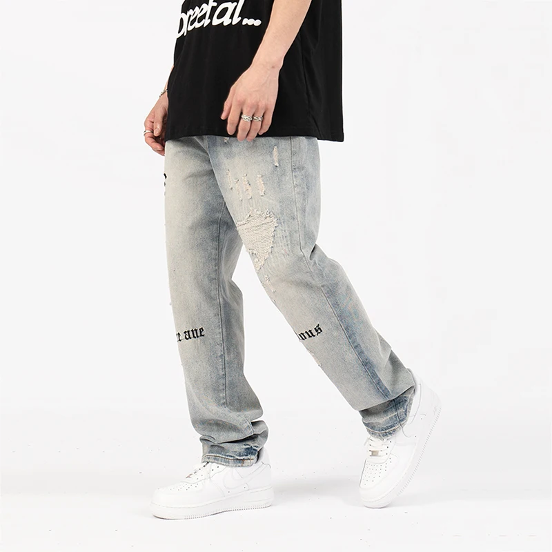 Europe and America High Street Ripped Jeans Men's Embroidery Design High Street Retro Washing Trend Ins Pants Street Clothing