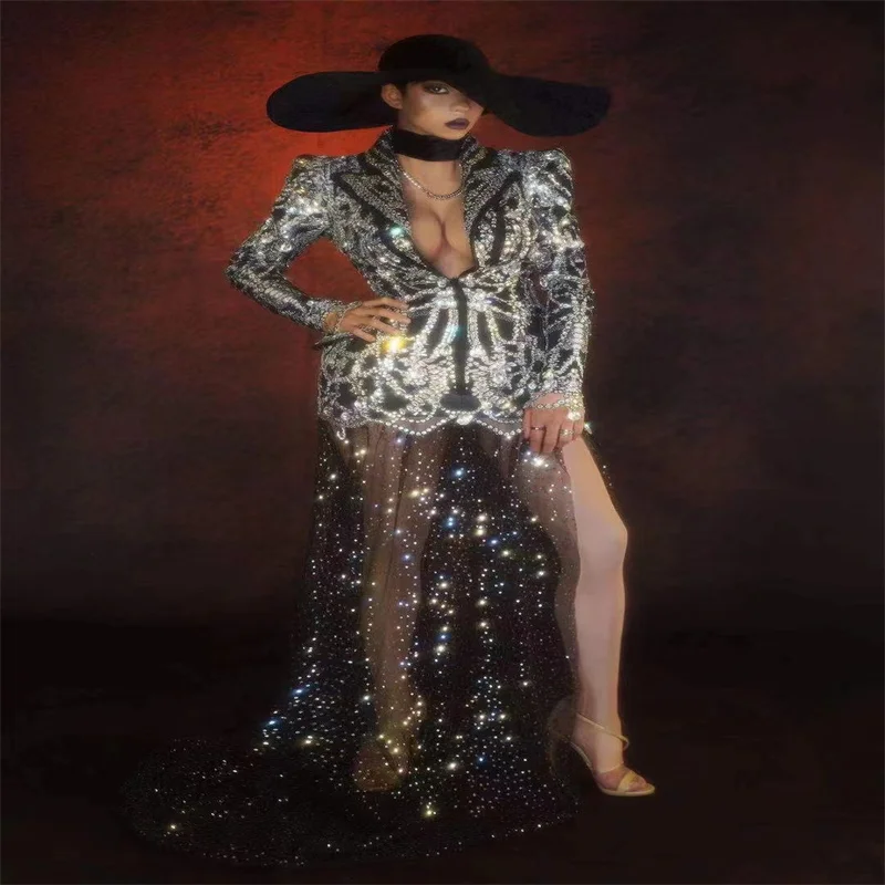 

Q470 Catwalk Outfit Costume Perform Singer Dancer Model New Rhinestones Gems Long Sleeves Festival Magic Show Modern Fashion Bar
