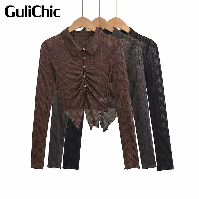 

7.19 GuliChic Women Fashion Irregularity Hem Turn-Down Collar Single Breasted Sexy Mesh Shirt