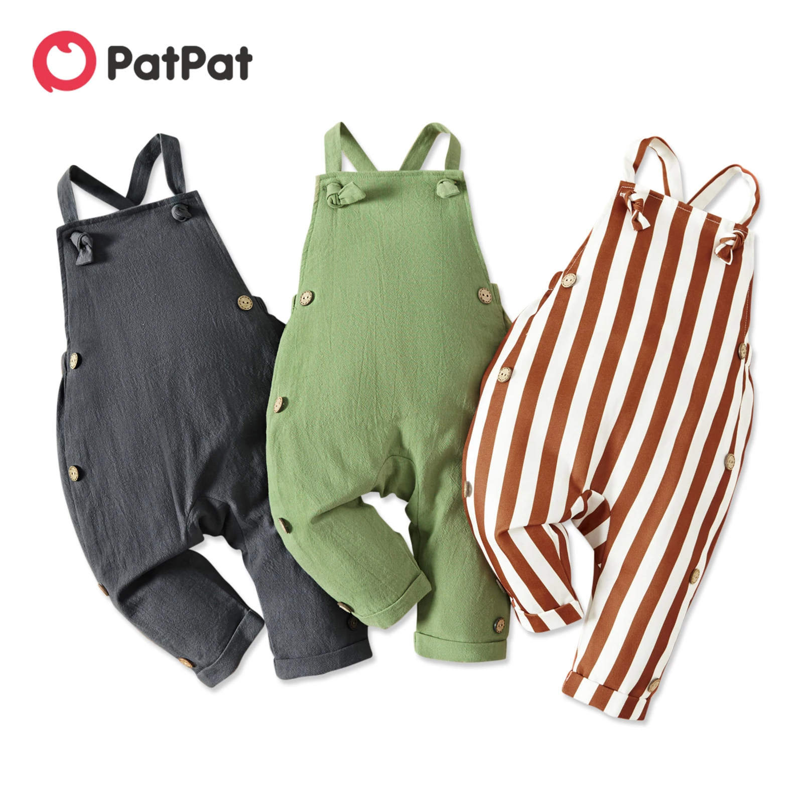 

PatPat 100% Cotton Solid/Striped Baby Boy Sleeveless Overalls