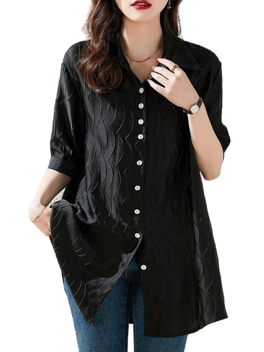 

5XL Loose Women Spring Autumn Blouses Shirts Lady Fashion Casual Long Sleeve Turn-down Lace Black Blusas Tops CT0358