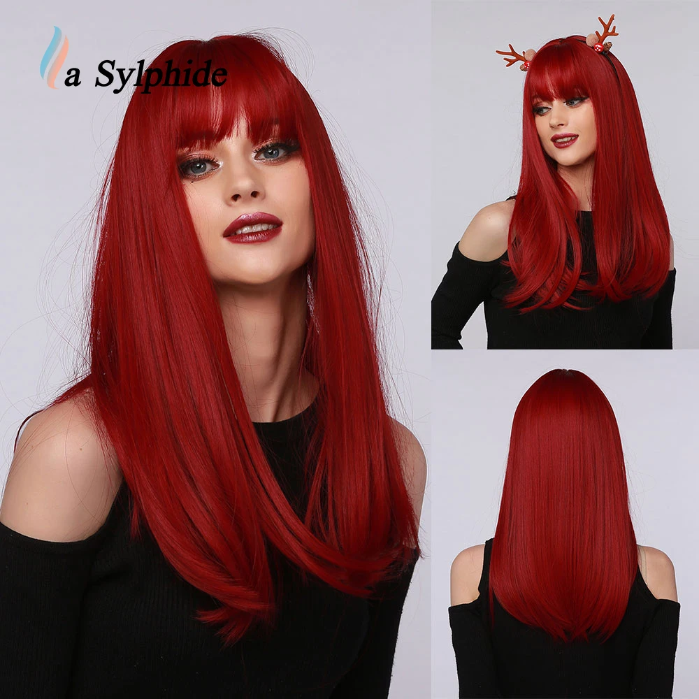 La Sylphide Cosplay Wig Long Straight Deep Red Synthetic Hair Wigs with Bangs for Black White Woman Heat Resistant Daily Wig