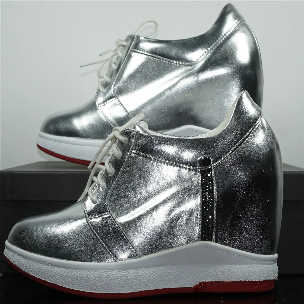 Fashion Sneakers Women Lace Up Genuine Leather Wedges High Heel Vulcanized Shoes Female Round Toe Platform Pumps Casual Shoes